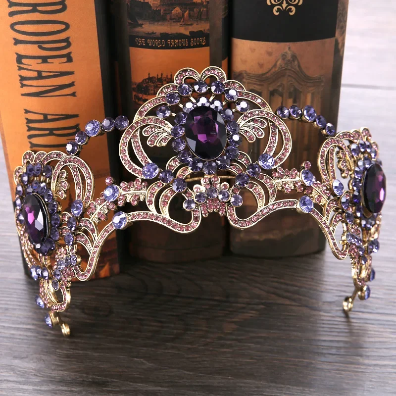 Barokový fialový krištáľový kozmetický princezná Koruna Tiaras nádherný kamienok Diadem pre nevesty Hairbands svadobné vlasové doplnky