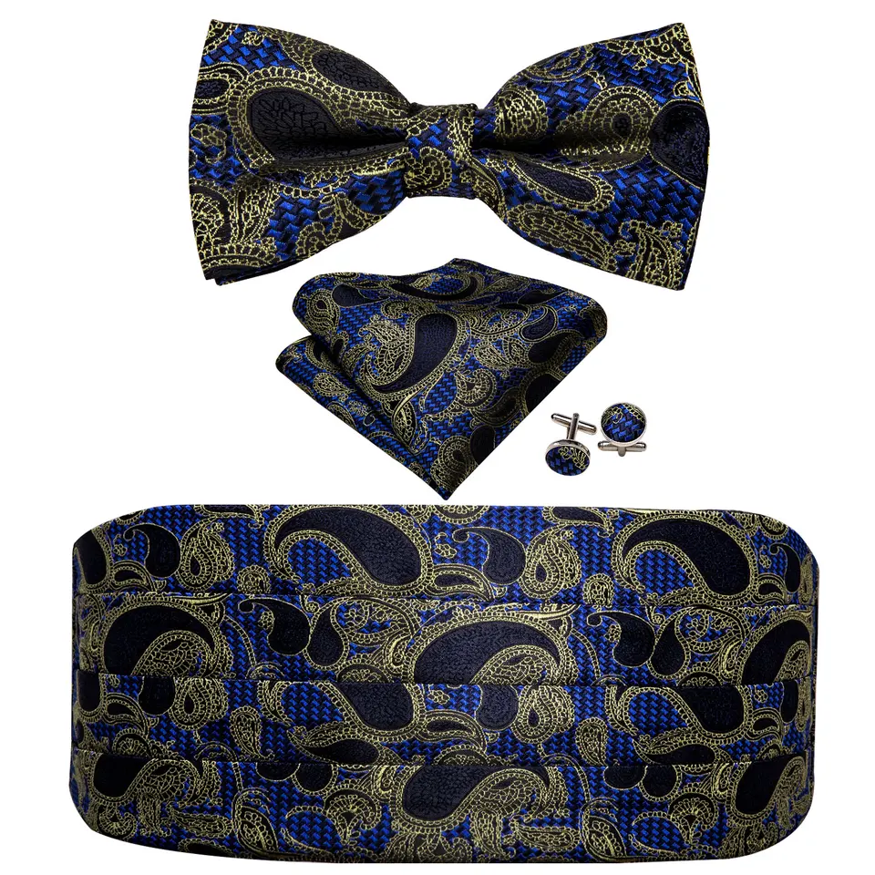Barry.Wang Blue Bow kravata pre mužov Paisley Cummerbund Bow kravaty vreckovky Cufflinks Cummerbund pás pásu na svadbu YF-1025