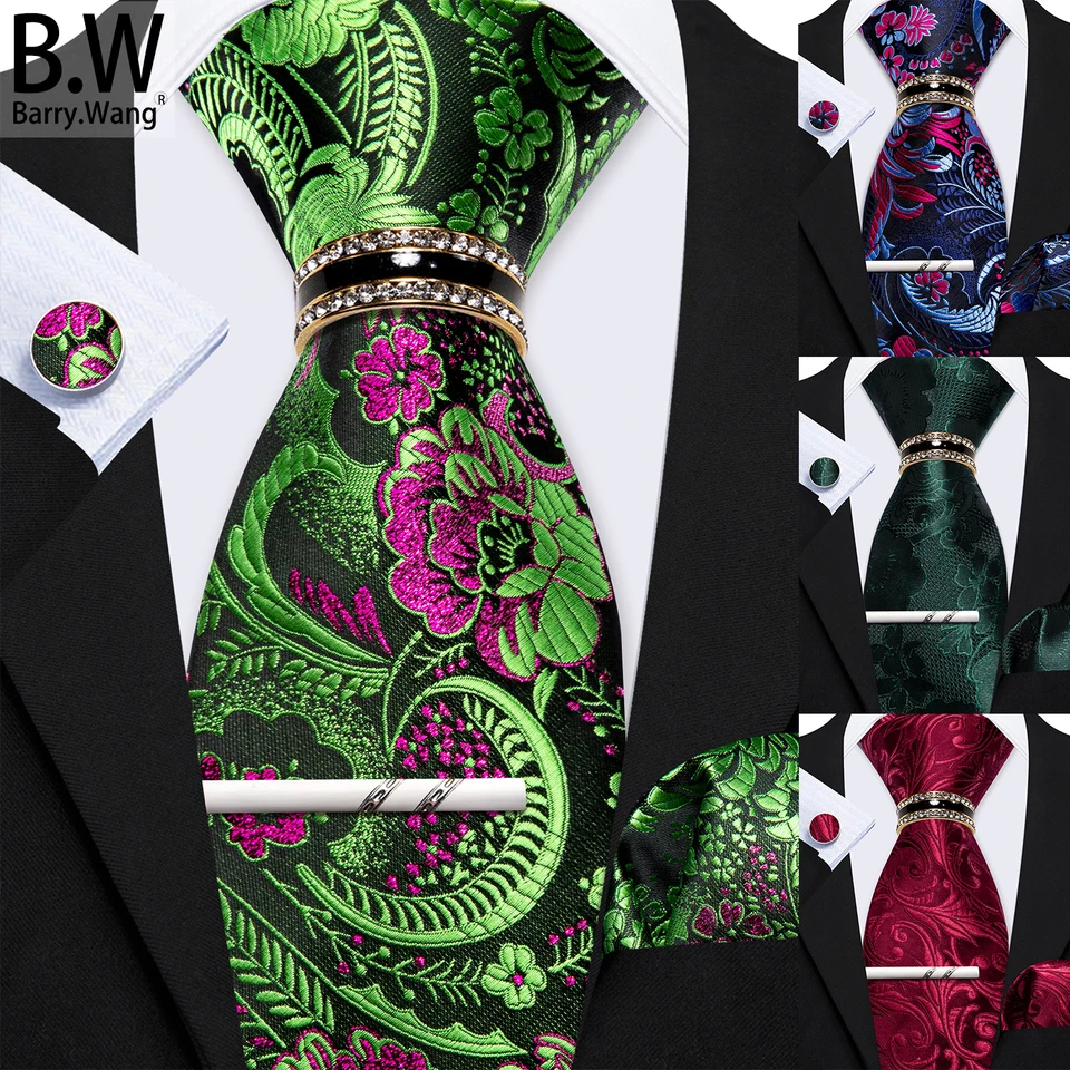 Barry.Wang Luxury Silk Mens kravaty Hanky ​​Cufflinks Clip Ring Set Jacquard Floral Krava