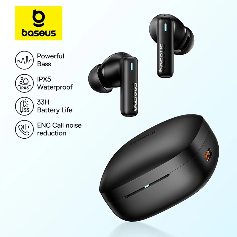Baseus Bowie E19 Bezdrôtové slúchadlá Bluetooth 5.3 Big Bass 12 mm vodiči IPX5 Vodotesné slúchadlá 33 hodín