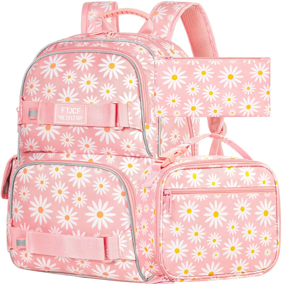 Batoh 3ks Daisy Girls, 17 palcový prenosný školský bookbag Teen College Water Water Batohy s obednou škatuľou - Pink