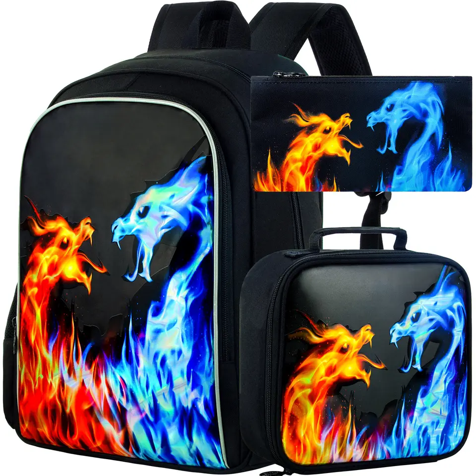 Batoh 3ks pre chlapcov, 16 -palcové deti Red Blue Fire Dragon Water Odolné predškolské batohy, základná materská škola b