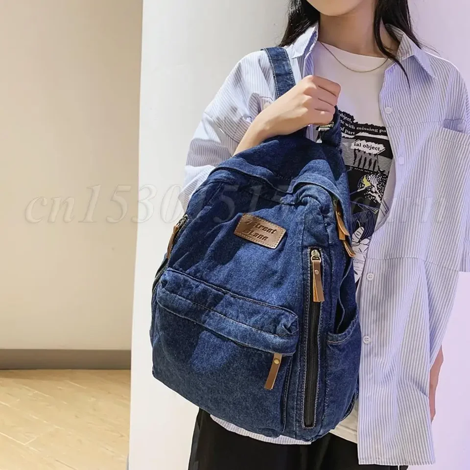 Batoh vrecka pre ženy retro denim zipper bookbag študent Multi vreckety módne batohy veľké kapacity kovboj Solid School Bag Bag