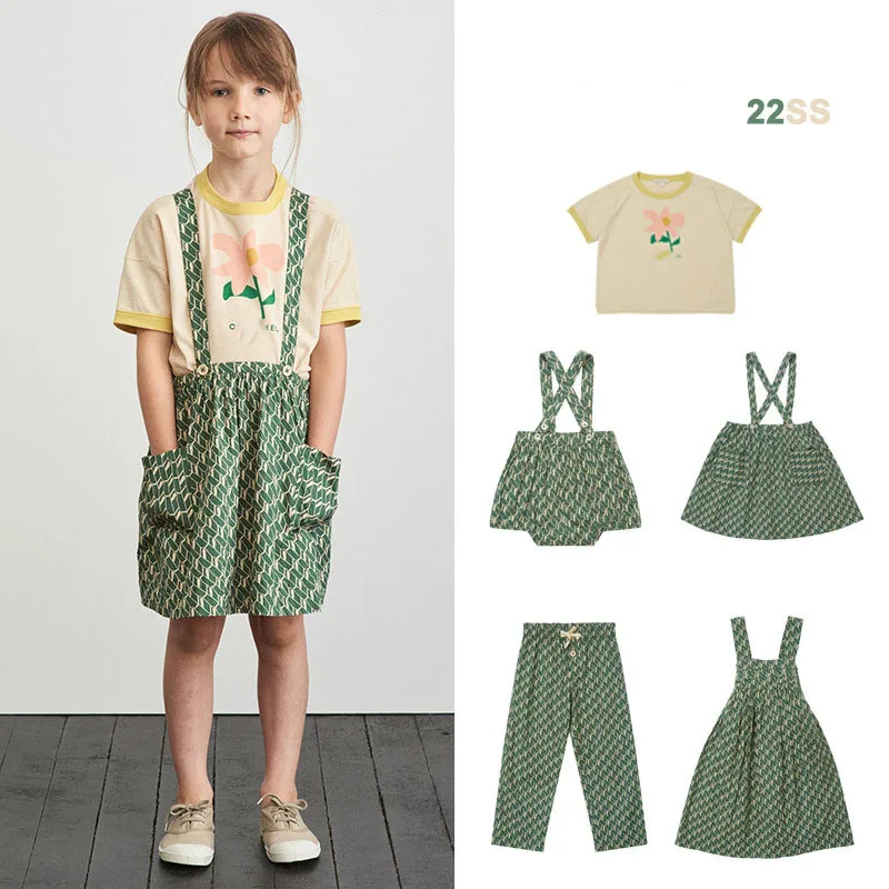 Batoľa dievča oblečenie karamel úplne nový letný dizajnér dieťa Romper Girls Outfits Detské tričká zelené vzorové chlapčeky Celkovo nohavice