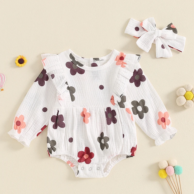Batoľa dievčatko Rompers bavlnené bielizeň Vrchne oblečenie kvetinové kvetinové bodysuits Kids Ruffle Tress Tink Tink Cleant Dlhý rukáv a zviazanie čelenky