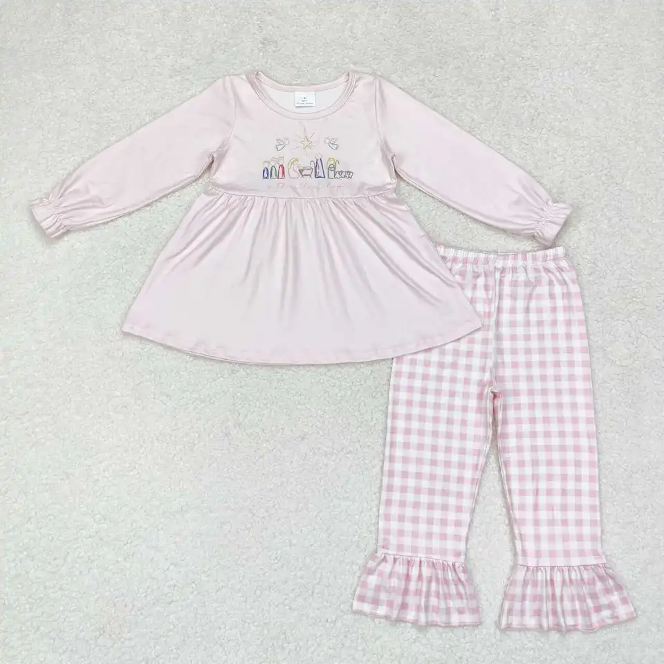 Batoľa dievčatá ružové Ježišové oblečenie Kids dlhé rukávy ružové kockované nohavice súprava detí s horúcim predajom oblečenie Boutique veľkoobchodné oblečenie