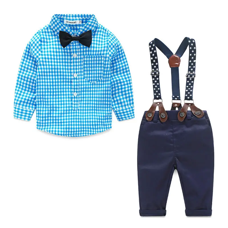 Batoľa dieťa novorodenec novorodenca Boy Boy Bowt kravata Plaid Blue košeľu podväzky nohavice nohavice outfits 2pcs set