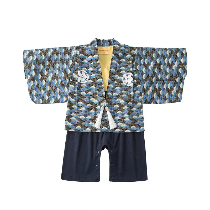 Batoľatá chlapčeky oblečenie sada bavlna modrá kvetinová tlačiareň Romper klasický japonský štýl Kimono Spring Autumn Boy Outfit