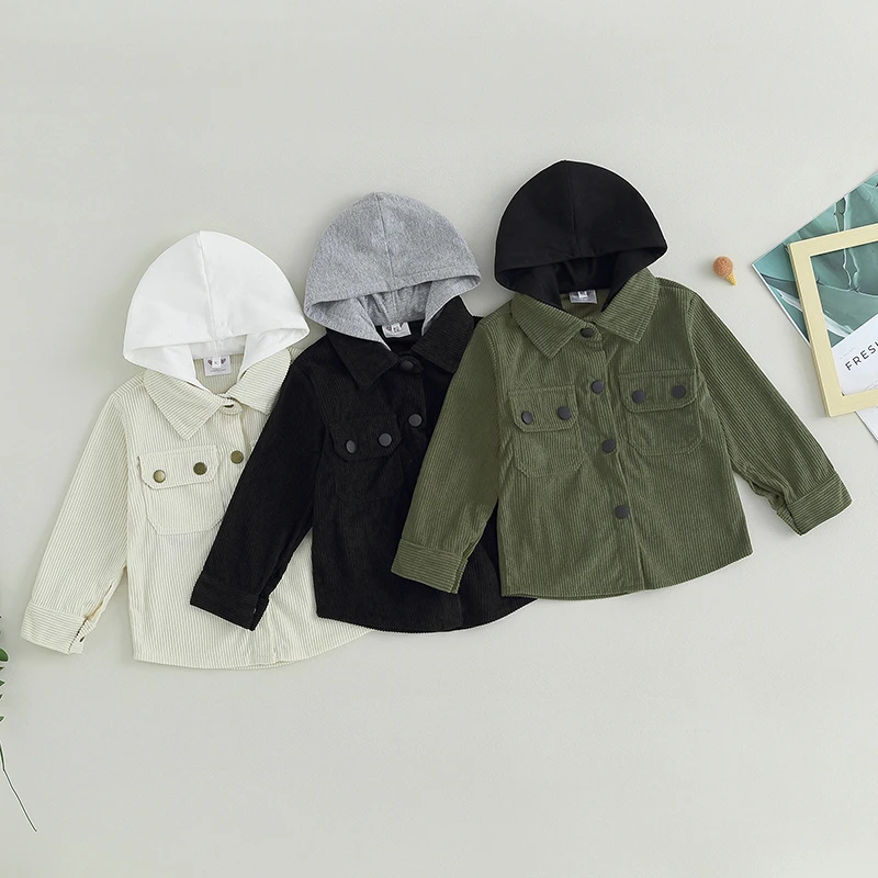 Batoľatá dievčatá Dievčatá Fall Corduroy Hood Coat Fake 2ks Contrast Farba s dlhým rukávom Button Uzatvára zimná bunda Outwear Unisex Wear