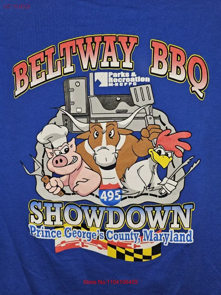 Battle Beltway BBQ PG County Maryland Large Mens Blue Modré obojstranné grafické tričko