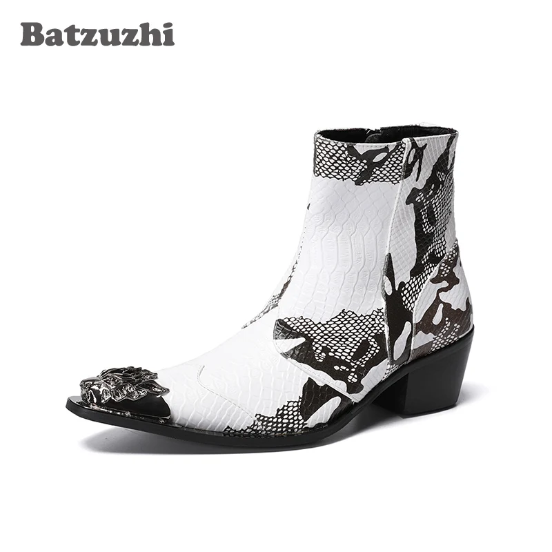 Batzuzhi 6,5 cm vysoké podpätky Botas Hombre Men Boots Iron Toe Čierne biele muži Originálne kožené topánky Muži členky a svadobné boty