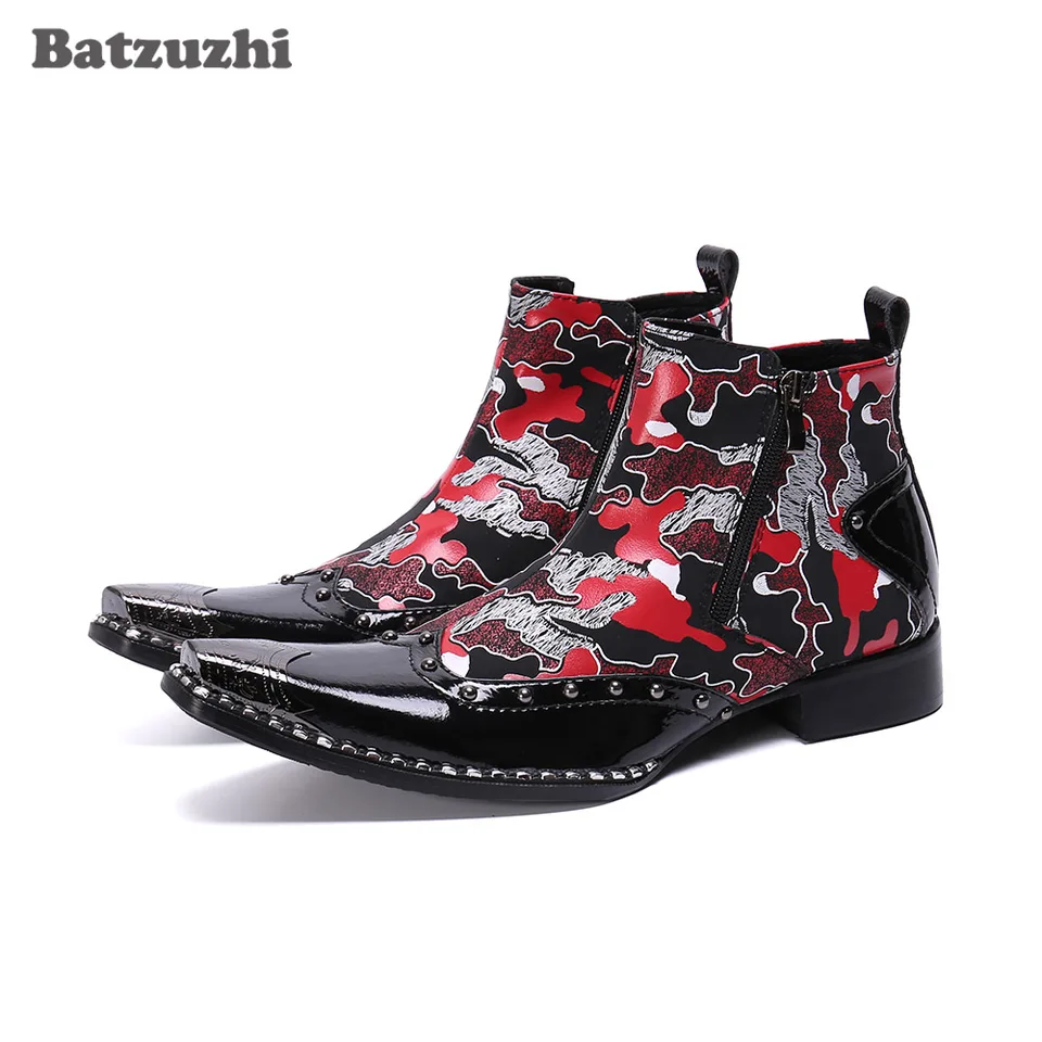 Batzuzhi Punk Rock Pánske topánky Špicatý kovový tip členok kožené topánky Formálne obchodné večierky a svadba, veľká veľkosť US6-US12