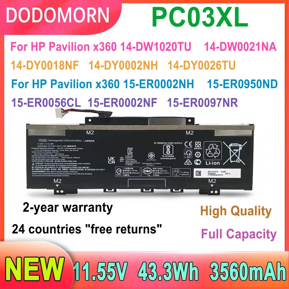 Batéria notebooku Dodomorn PC03XL pre pavilón HP X360 14-DW1020TU 14-DW1023DX 14-DW0955ND 15-er0002NH 15-er0056CL 3560MAH 43,3WH