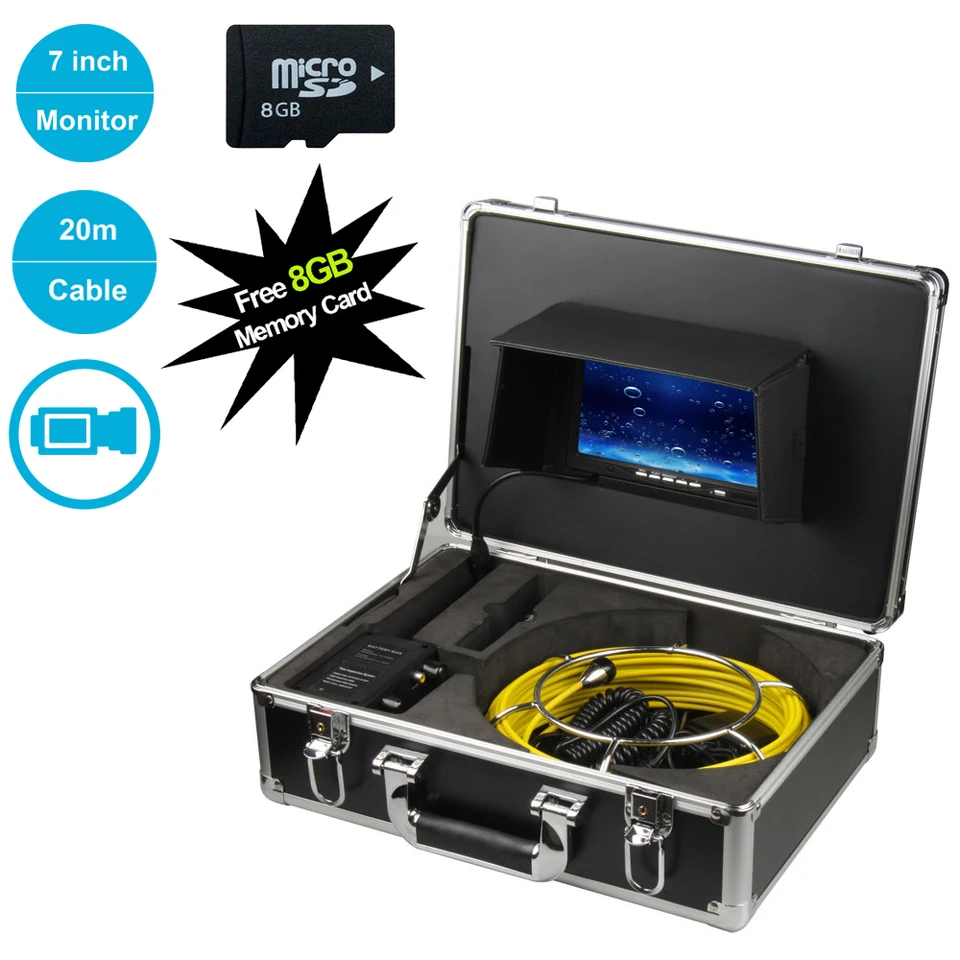 Batéria ovládala 20 m na sklenené káblové potrubie ENDOSKOP SYSTÉM s 23 mm hlavou fotoaparátu 7 palcov TFT-LCD