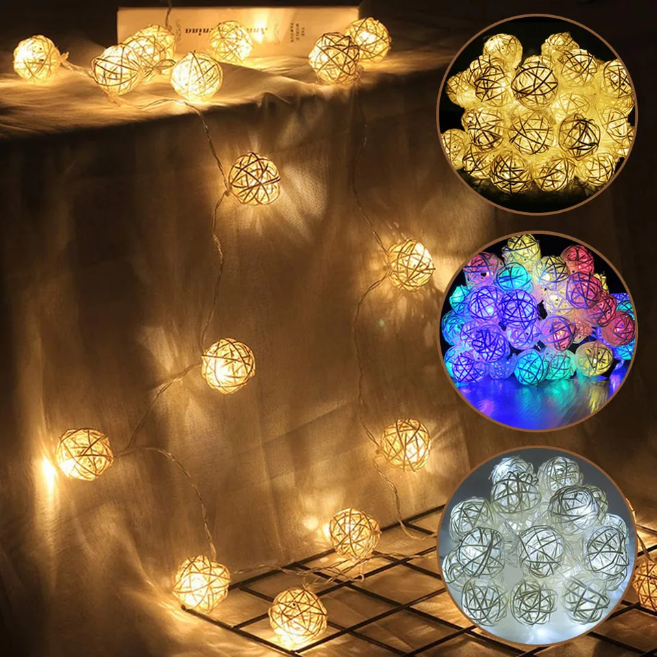 Batériu ovládané Rattan Ball Fairy String Lights Ip44 sepak Takraw loptička nočná lampa dovolenka Indoor osvetlenie vianočné večierky dekor