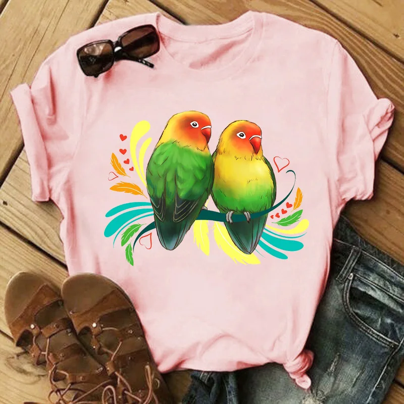 Bavlna 100% karikatúra zvierat Parrot Parrot tlač okrúhly krk Tričko s krátkym rukávom pre ženy nadmerne nadmerne