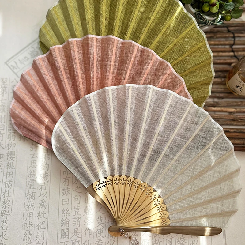 Bavlnená bielizeň retro ventilátor fanúšikov japonský štýl obyčajný priesvitný textúra handrička bambusový skladací ventilátor s príveskovým ventilátorom svadobnej ruky