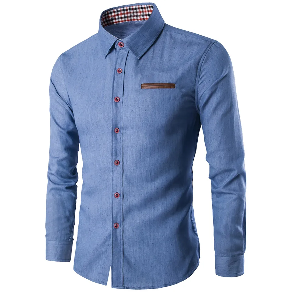 Bavlnená džínsová košeľa Chambray tričko Elastic Slim Fit Fit s dlhým rukávom Majsenná farebná jar jesenná ležérna módna kabát 2024 Nový