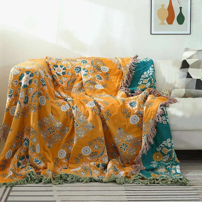 Bavlnená gázová kvetinová jazyk štýl Tassel Sofa Uterák obojstranný štvorročný kryt pohovky na pohovku prikrývku prikrývku uterák