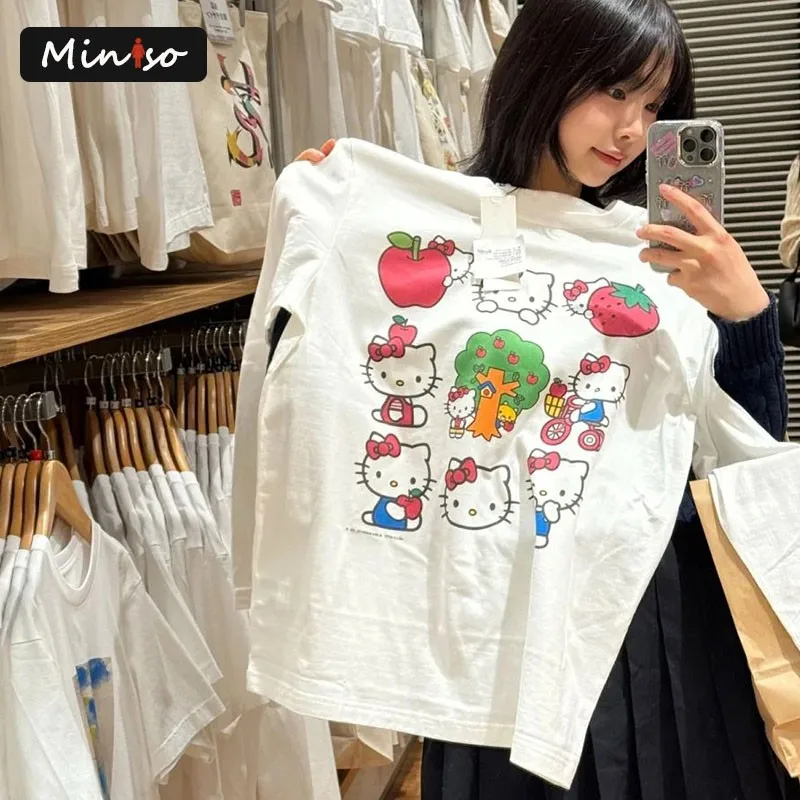 Bavlnená karikatúra Hello Kitty Graphic T tričká Ženské oblečenie s dlhým rukávom 2000 odevy Y2K Tees ženské oblečenie jesenné topánky Tričko Tričko