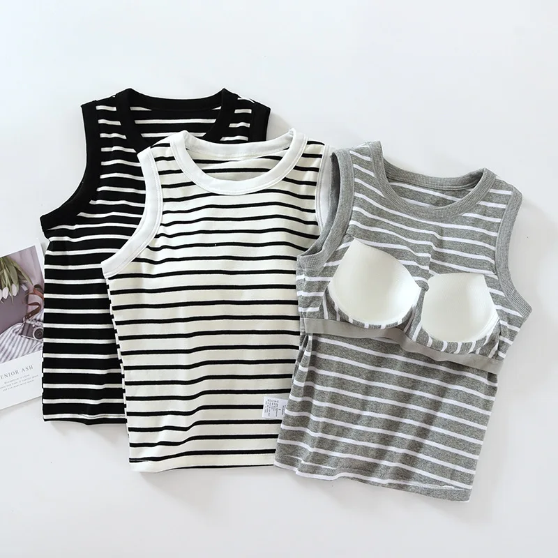Bavlnená pruhovaná vačková s čalúnenámi poprsie Ženy bez rukávov Undershirt Summer Crop Top Outer Concering Side Side štiepenie C5525