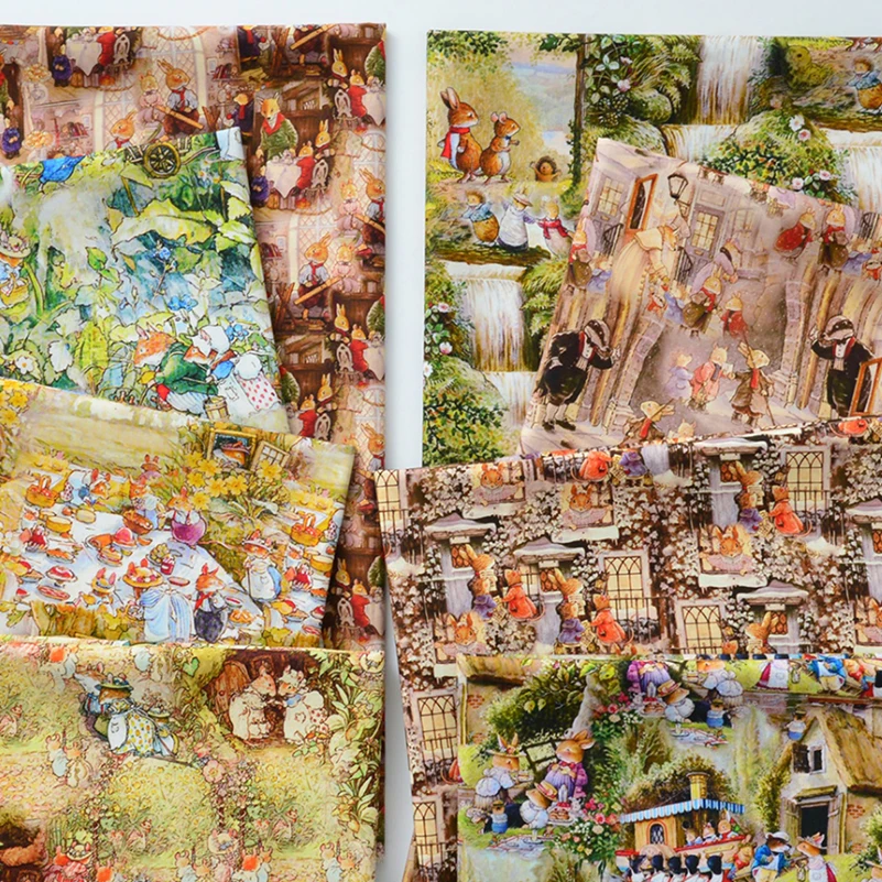Bavlnená tkanina Wild Rose Village bavlnená látka Fox Cartoon Illustration ilustrácia bavlnená tkanina vola králičie králik po pol mera