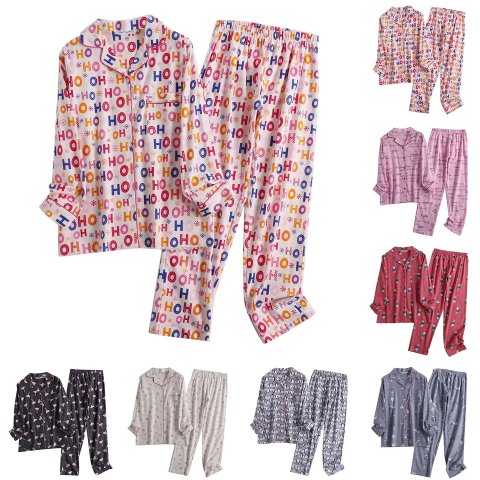 Bavlnené flanel Ladies Loungewear plus veľkosť voľného saténového nočného oblečenia Spring jesenná zima Dvojdielne pyžamá hodvábny saténový domáci oblek