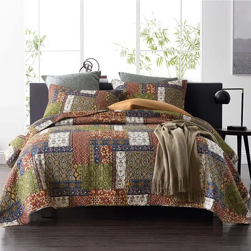 Bavlnené postele prikrývky prikrývky reverzibilné súpravy pokrývok Požiadavky Vintage Bohemian Patchwork Bedspread (Brown, King Veľkosť)