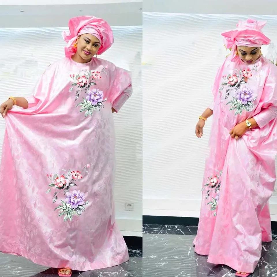 Bazin Rich Long Wrap Dress - štýlové šaty plus veľkosti bazin, prémiová kvalita, ideálna pre večierky, zahŕňa šál na hlavu