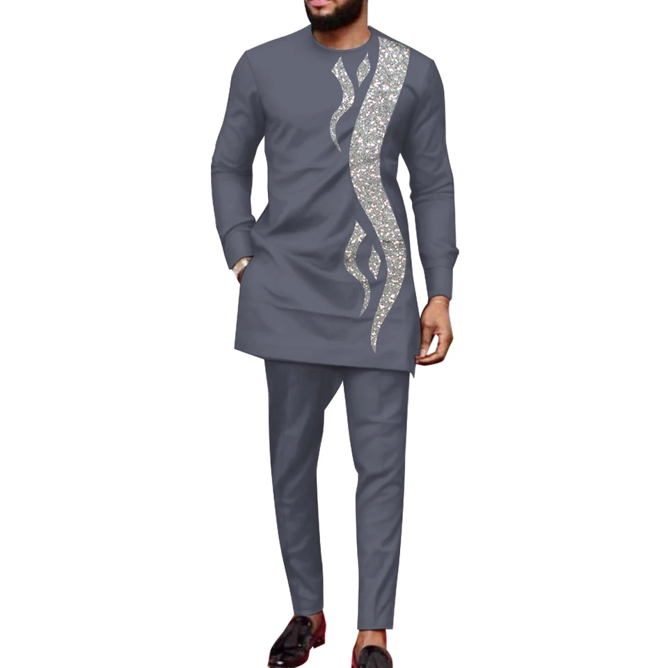 Bazin Riche African Clothes for Men 2 kusy Nastavené tričko a nohavice s dlhým rukávom Dashiki Men vyhovujú africkým mužom boubou wyn1588