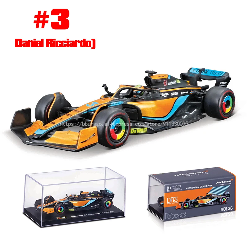 Bburago 1:43 2022 F1 McLaren McL36 #3 Daniel Ricciardo #4 Lando Norris Alloy Luxusné vozidlo Diecast Car Model Toy Toy
