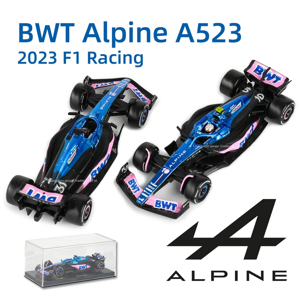BBURAGO 1:43 BWT Alpine 2023 A523 F1 Formula Die Cast Cast Cashings Collective Model Model Racing Hračky akrylové box