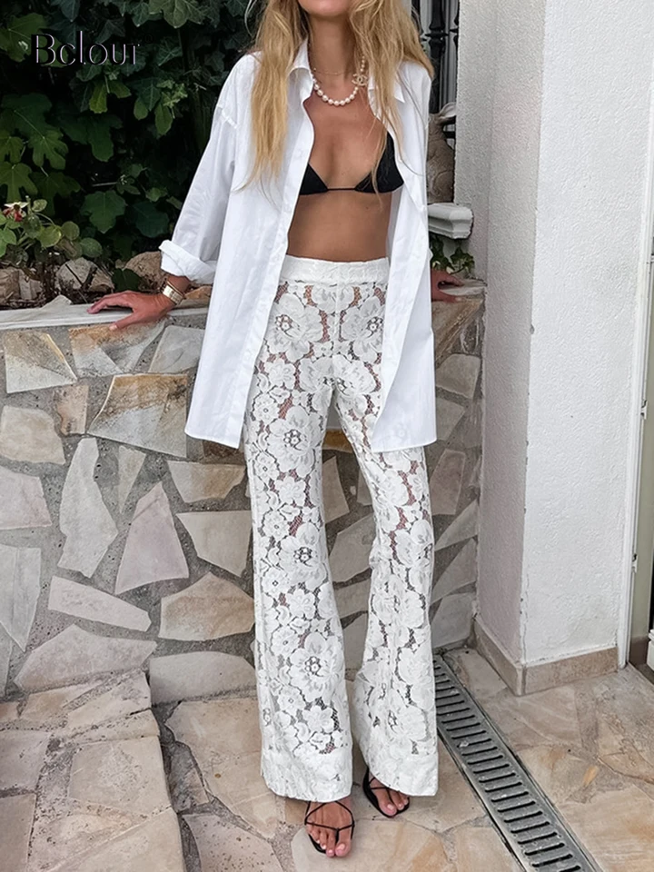 Bclout elegantné biele čipky erupové nohavice Ženy 2024 Módne tenké pevné s vysokým pásom dlhé nohavice jarné priehľadné sexy párty nohavice