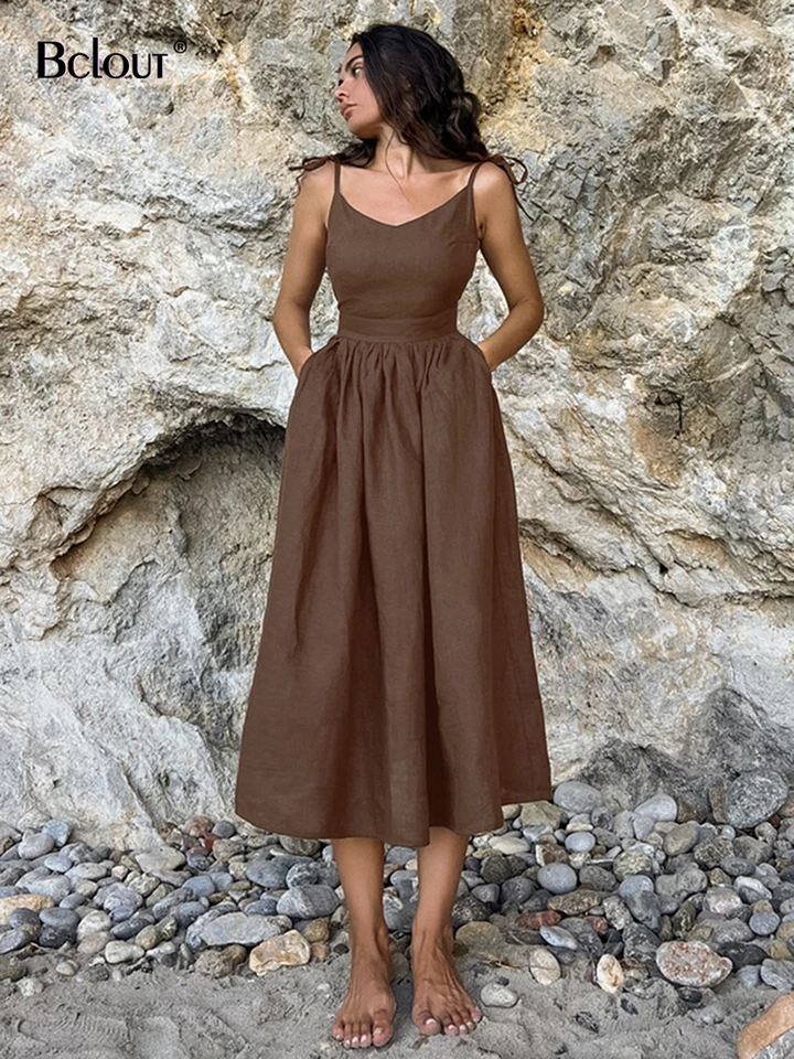 Bclout módne hnedé bielizeň dlhé šaty Ženy 2024 Elegantné šnurovacie vrecká A-line šaty letné sexy backless party Pleated Chayses