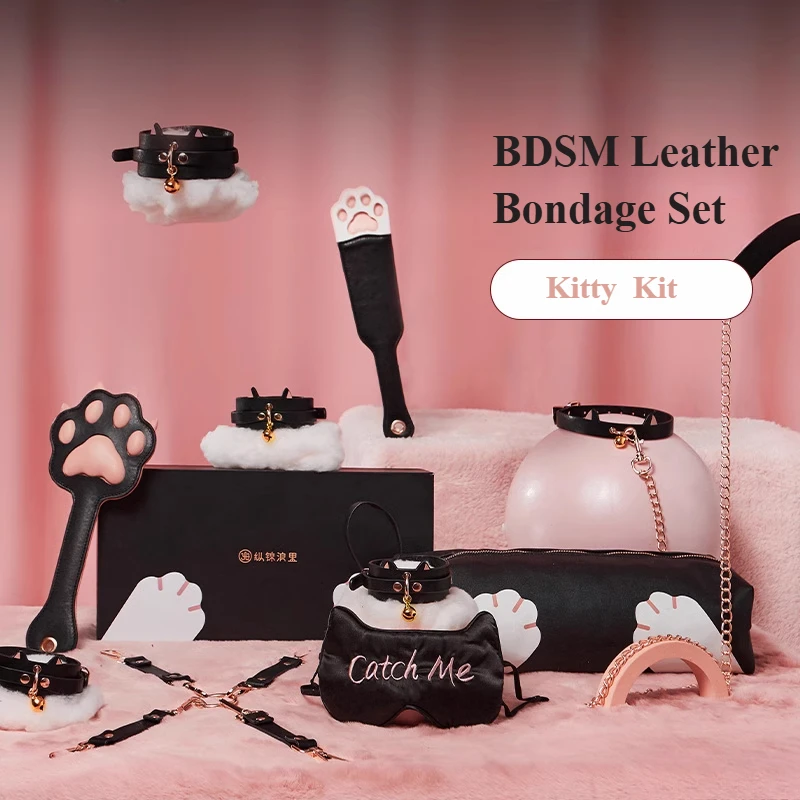 BDSM Kitty Cosplay Bondage Set Púty fetters golier s reťazovým bičom Blinder Binder kožená spranák flirtovanie sexuálne hračky pre pár