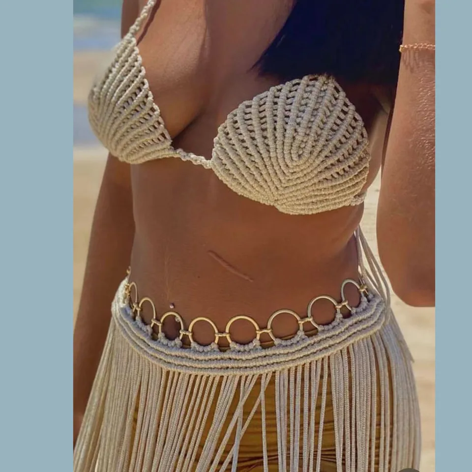 BeachApche Dámska dovolenka Dvojdielne sada ruky makrame backless kravata na plodinu top + háčkovanie dutínku Tassel Bodycon sukňa pláž