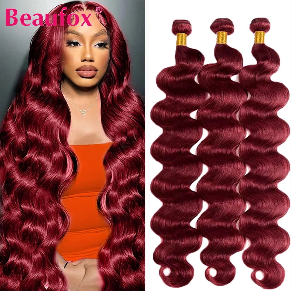 Beaufox 99J Body Wave Body Vlasy zväzky Brazílske zväzky ľudské vlasy vlna tela 1/3/4 zväzky zaoberajúce sa farebnými burgundskými červenými vlasmi 30