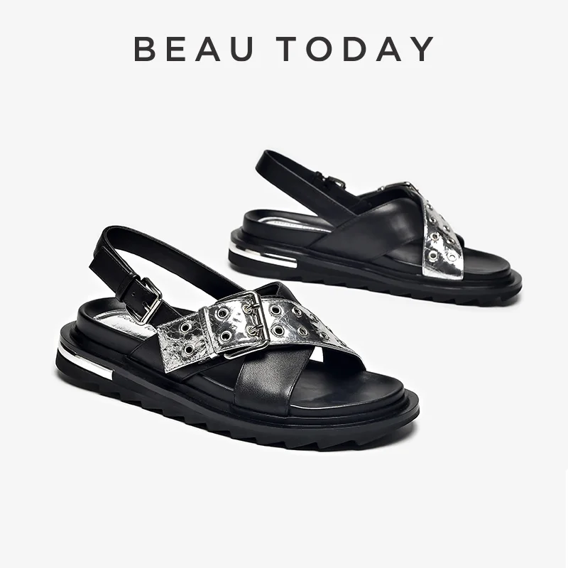 Beauoday Sandals Ženy Originálne kravské kožené zrkadlo dekorácia kovová spona krížom viazaná pevná letná dámska topánky ručne vyrobená 34558