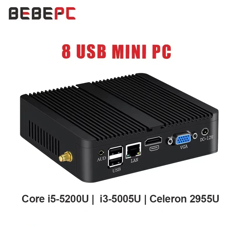 BEBEPC Fanless MINI Intel I7 4500U i5 4200U 8USB GIGABIT ETHERNET HDMI VGA DISPITS WIN10/11