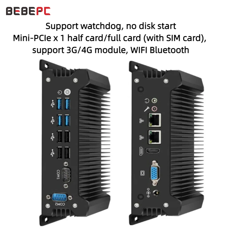 BEBEPC Industrial Mini PC Fanless Intel Core I5-4278U 8260U 2 LAN 2 COM RS32 Desktop Comput Windows 10 Pro Linux WiFi MinIPC