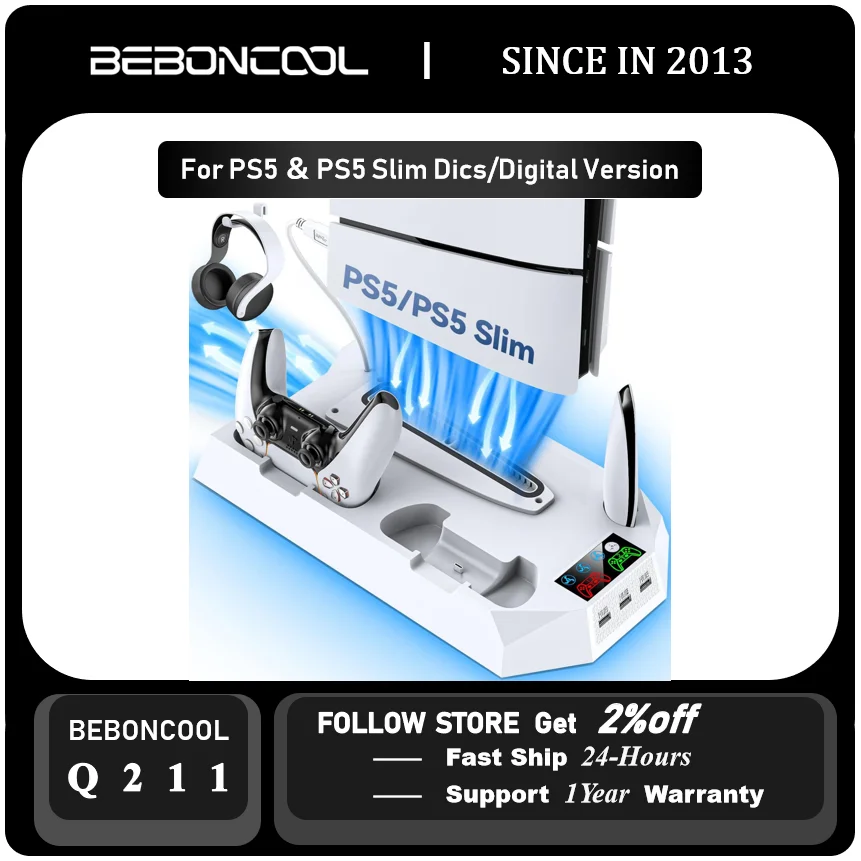 BEBONCOOL Q211 LED VENTILÁRNE VENTILÁR PRE PS5/PS5 Slim Vertical Stand 2 Controller nabíjanie Dock pre PlayStation 5 Disc/Digital Console