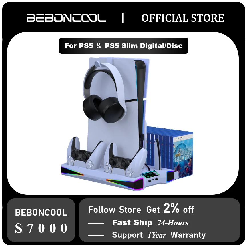 BebonCool S7000 RGB chladiaci stojan pre PS5 Slim/PS5 Digital/Disc Vertikálna chladiaca stanica Cooer PS5 Dualsence Gamepad nabíjačka