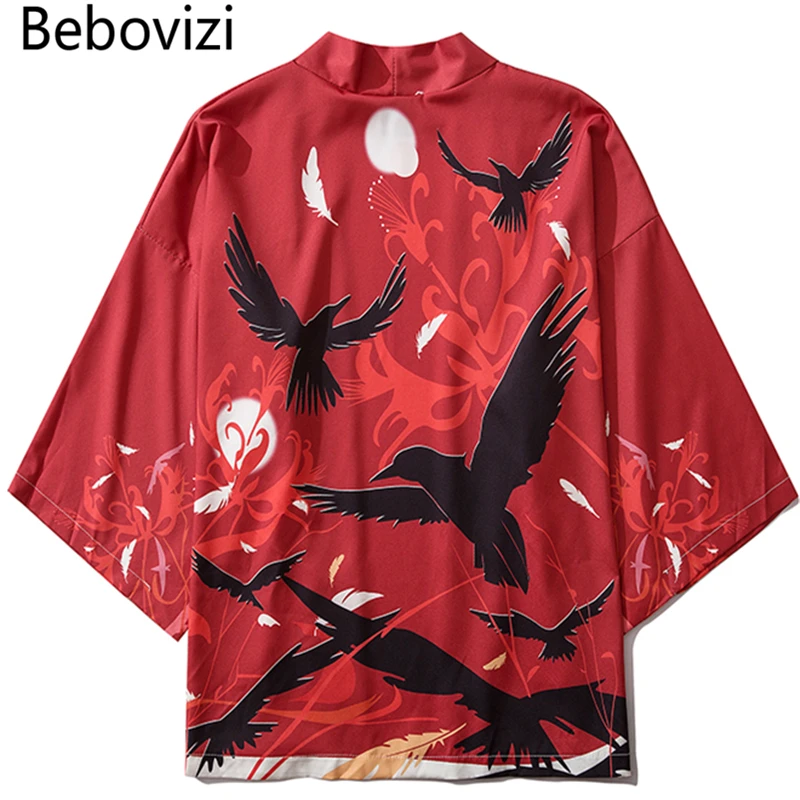 Bebovizi japonská vrana tlač kimonos Streerwear Yukata Ženy Haori Harajuku Kimono Robe Cardigan Men Red Asian oblečenie