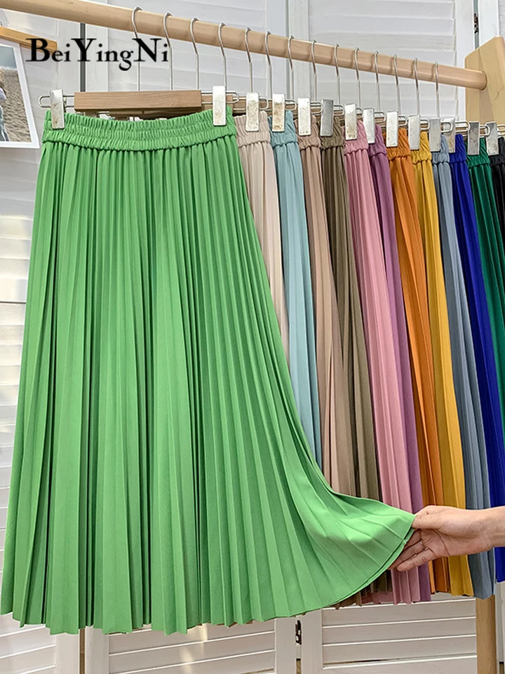 Beiyingni sukne pre dámske 2023 pevná farba kawaii elastický vysoko pás Kórejský móda midi skladaná sukňa elegantná štíhla falda jupe