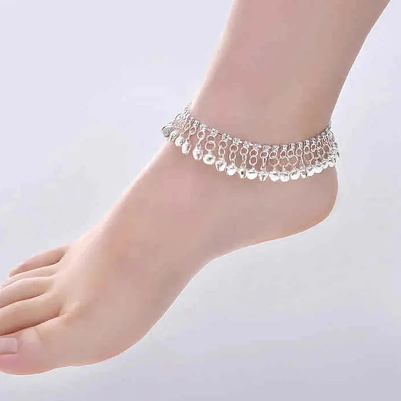 Bell Crystal Tassel členok náramok boho cigánsky goth hippie festival Vintage Anklet Náramok nôh šperky Indian Payal Metallic