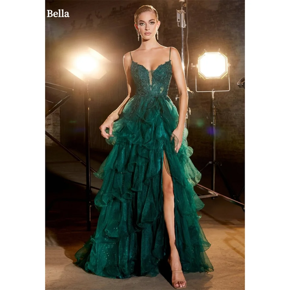 Bella Green Tulle Backless V-Gollar Rues de Soirée vynikajúce špagety remienok večerné šaty jednoduché šaty na podlahovú dĺžku svadobné šaty