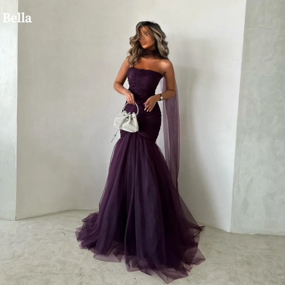 Bella prispôsobená fialovej morskej panny dlhé hodvábne šály rúcho de soirée remienok bez ramienok večerné šaty podlahové večierky Svadobné šaty