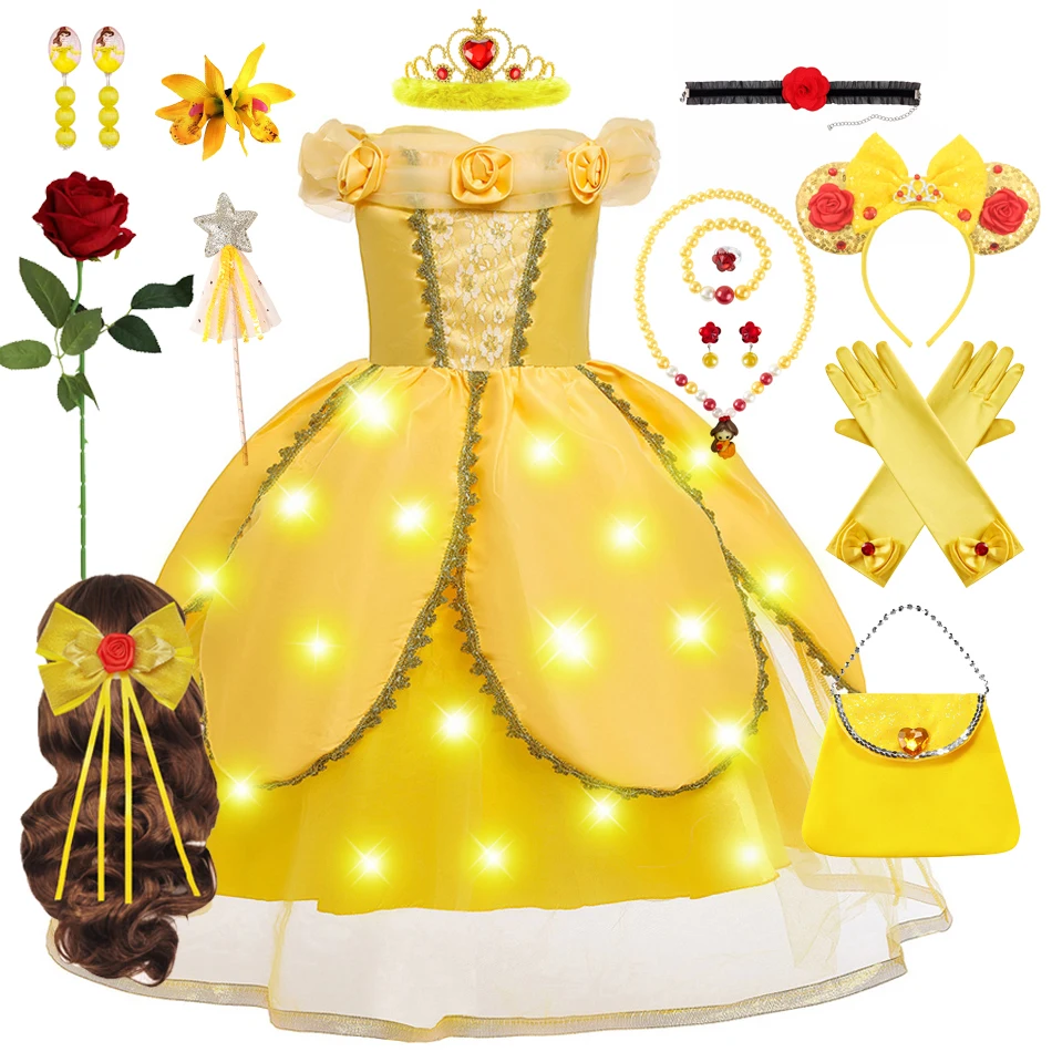 Belle Cosplay princezná šaty Kids Halloween karneval mimo ramena vedené žlté svetlo guľôčkové šaty kvetinové ruže narodeniny Dievčatá kostým