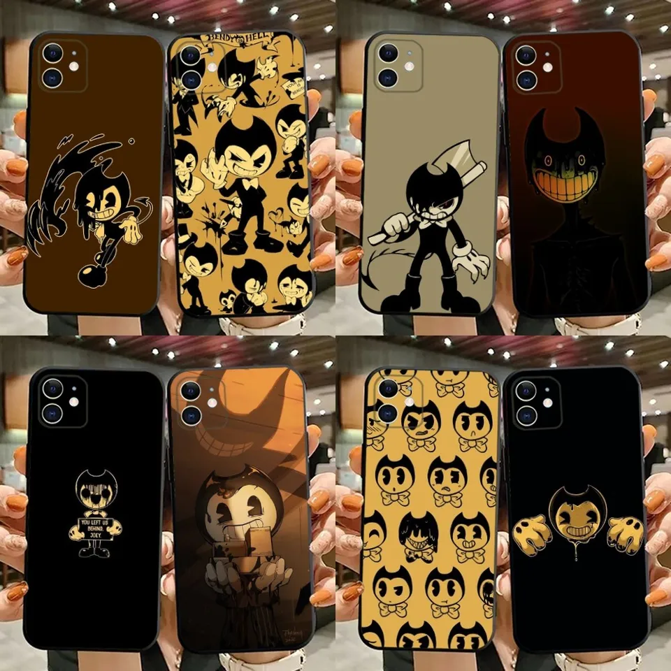 Bendy a atramentové stroje pre telefóny pre iPhone 15,14,13,12,11, plus, Pro Max, XS, X, XR, SE, MINI, 8,7 Soft Silikone Black Cover