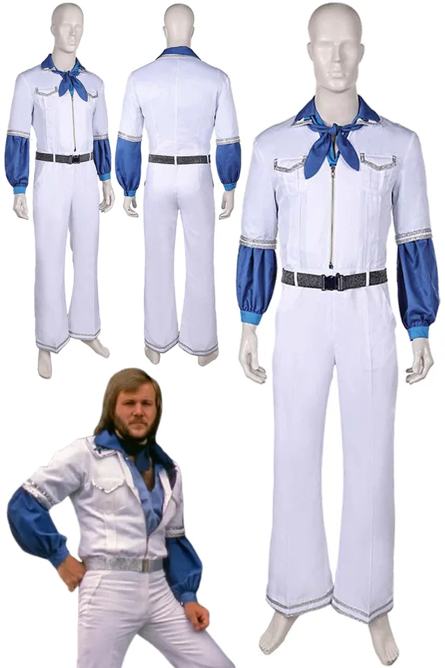 Benny Anderson Retro Cosplay Men kostýmy 70. roky roleplay rintage biela kombinéza Top kravata set outfits Men Halloween Party Suits